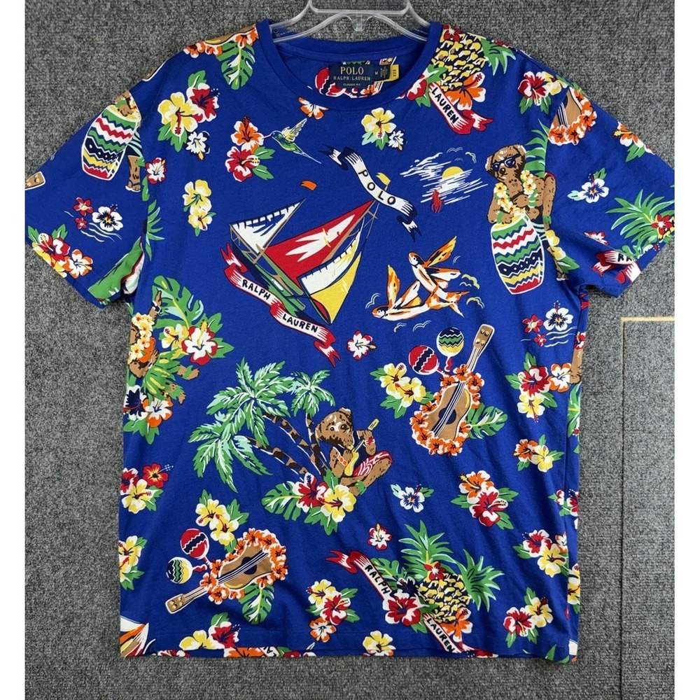 Polo Ralph Lauren Mens M Hawaiian Bear All Over Print Graphic T-Shirt Crewneck